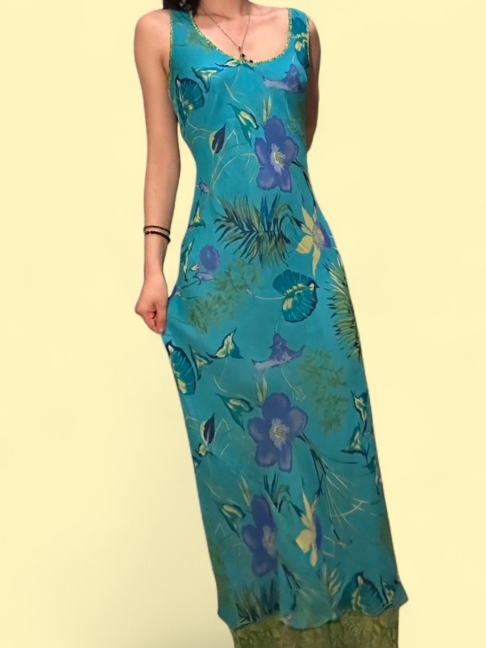 Y2K Karen Kane 100% Silk Blue Floral Maxi Dress